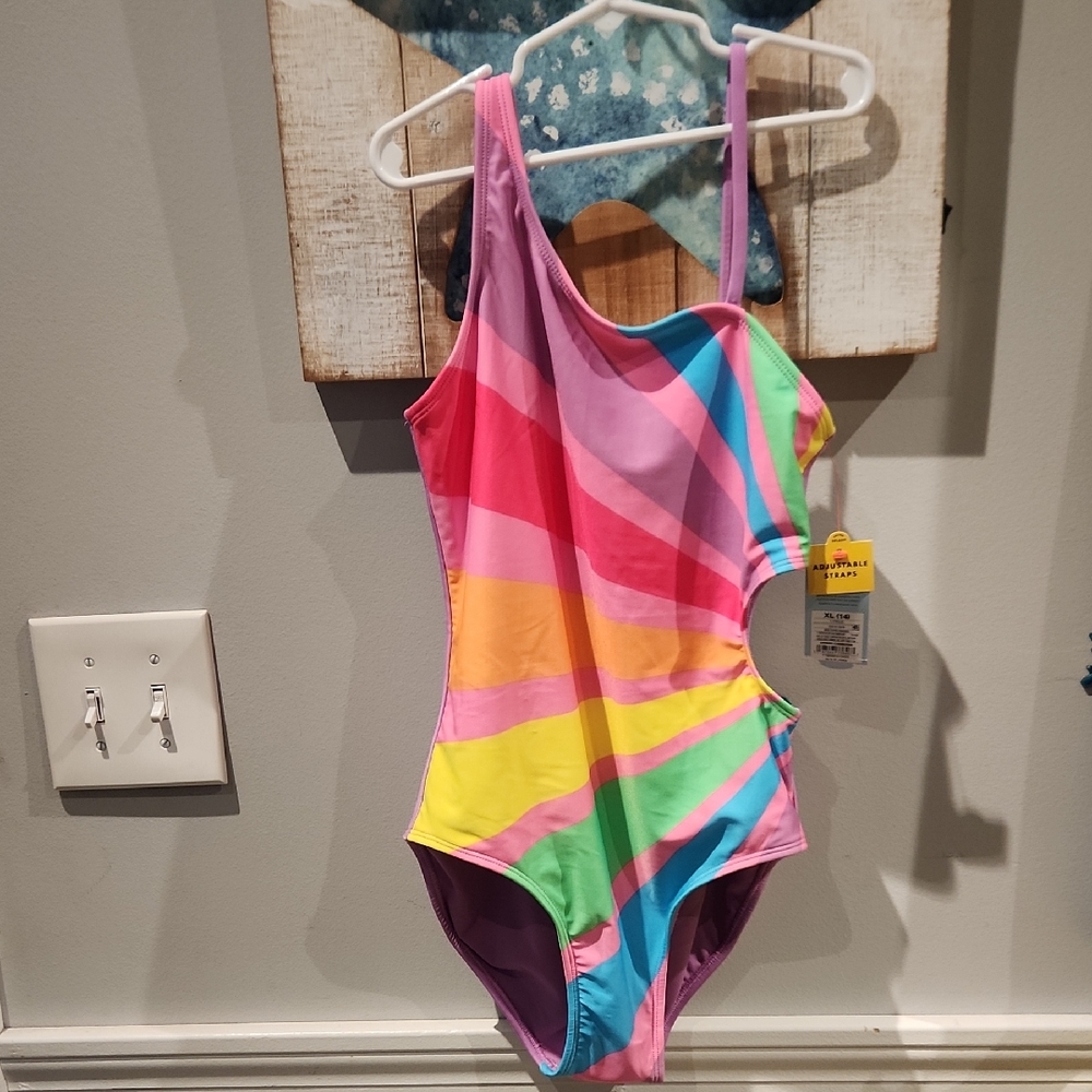 NWT Cat & Jack Girlsz Sz XL (14) Colorful One-Shoulder Swimsuit Adjustable Strap